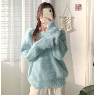 Mink imitation mink sweater for women in autumn and winter thickened pullover winter loose lazy style mohair v-neck top