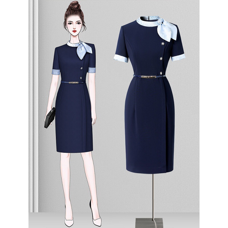 Beauty Salon Professional Dress for Women, Summer Waist-Cinching Elegant Dress, Hotel Front Desk Reception Uniform, Sales Department Workwear, Water Bar Work Uniform