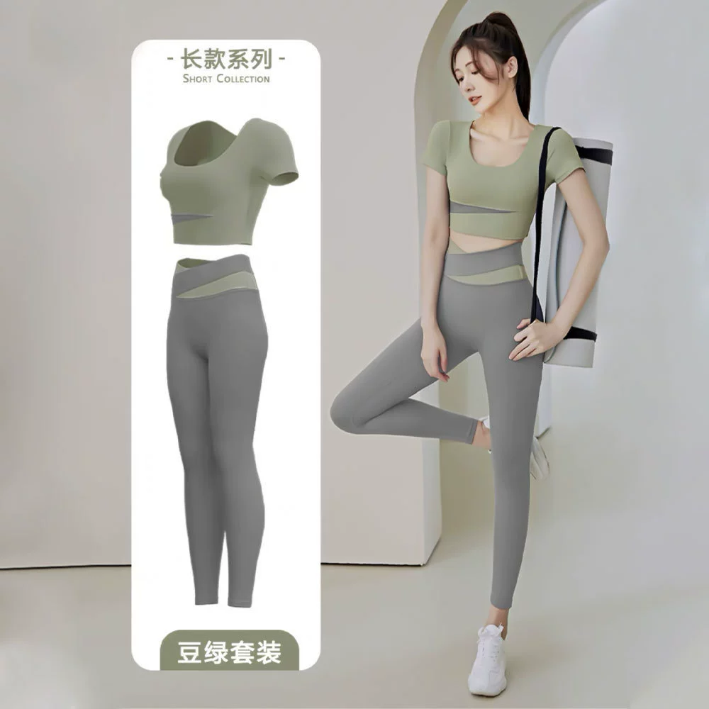  Summer sports breast pads, leggings, trousers for gym, set, with short sleeve, beautiful back