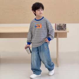 2026秋季新款儿童字母印花撞色条纹上衣男中大童宽松休闲长袖T恤