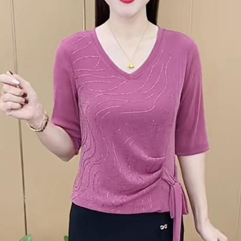 2025 Summer New Fashion Exquisite V-Neck Rhinestone Tie Design Elegant Slimming Women's Mid-Sleeve Top