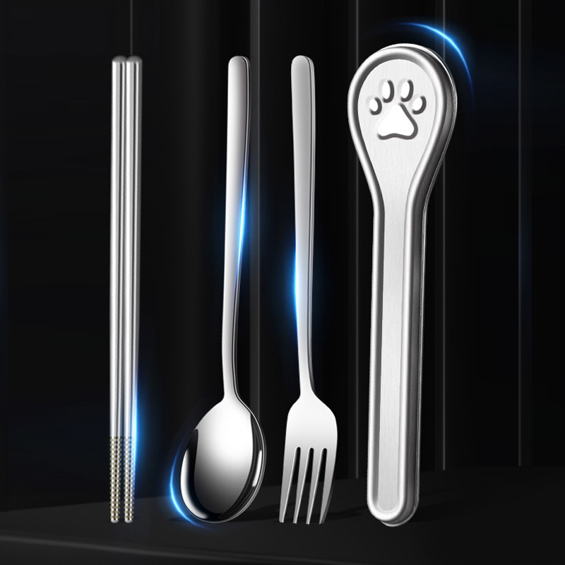 304 ステンレス鋼ポータブル食器セットクリエイティブ猫の爪ポータブルボックススプーンフォーク箸学生ランチキャンプ食器|undefined