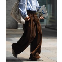 复古绿水洗灯芯绒垂坠感宽松拖地阔腿裤日系工装休闲裤百搭棕色