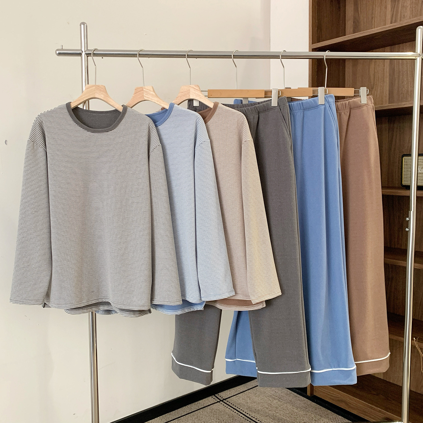 Derong Stripesd Long-Sleeved Home Wear Set Men's Winter Loose Large Size Casual Silk Wool Warm Pajamas Two-Piece Set