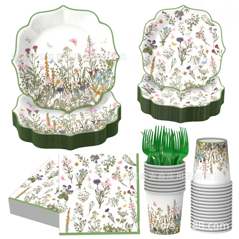 Nueva decoración de fiesta de flores silvestres retro encaje verde de primavera bandeja de papel desechable tazas de papel toallas de papel set de cubiertos
