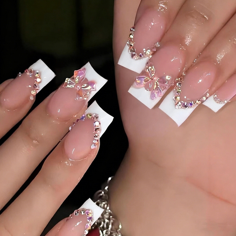 24-Piece Medium-Length Sweet Girl French Aurora Bow Rhinestone Decorative Press-On Nails Pre-Made Nail Pieces Finished Nail Art 24-Piece Medium-Length Sweet Girl French Aurora Bow Rhinestone Decorative Press-On Nails Pre-Made Nail Pieces Finished Nail Art