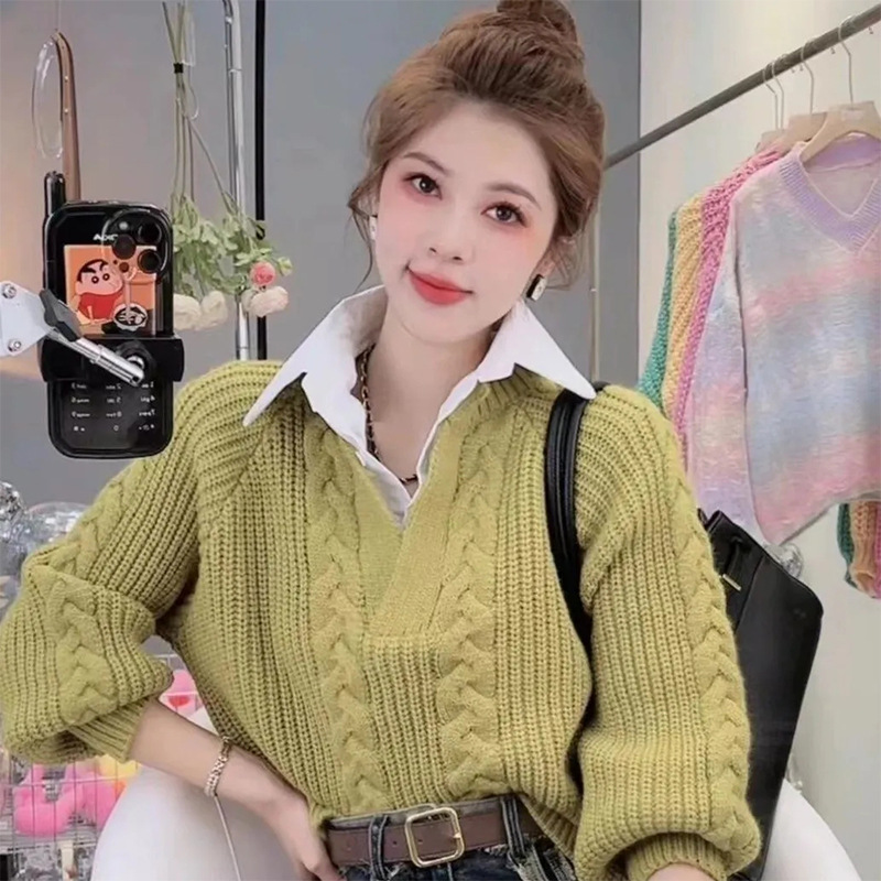 法式POLO领假两件设计小众毛衣女小众设计感新款修身百搭气质上衣