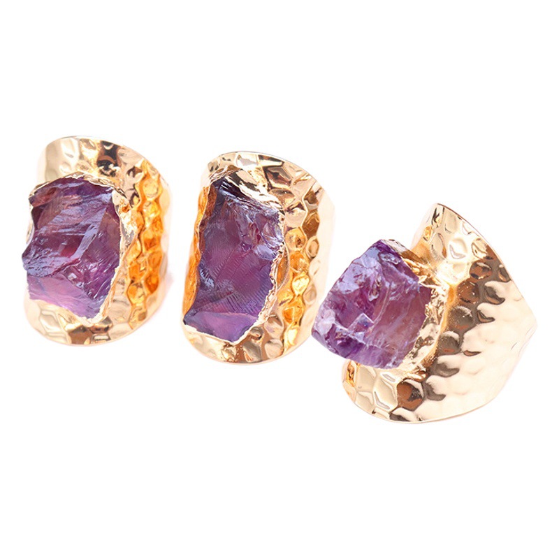 Natural Crystal Raw Stone Electroplated Package Gold Edge Ring Amethyst Cluster Shape Irregular diy Ring Ring