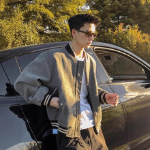 工厂灰色短款毛呢外套男春秋美式复古棒球服高级感加厚飞行员夹克