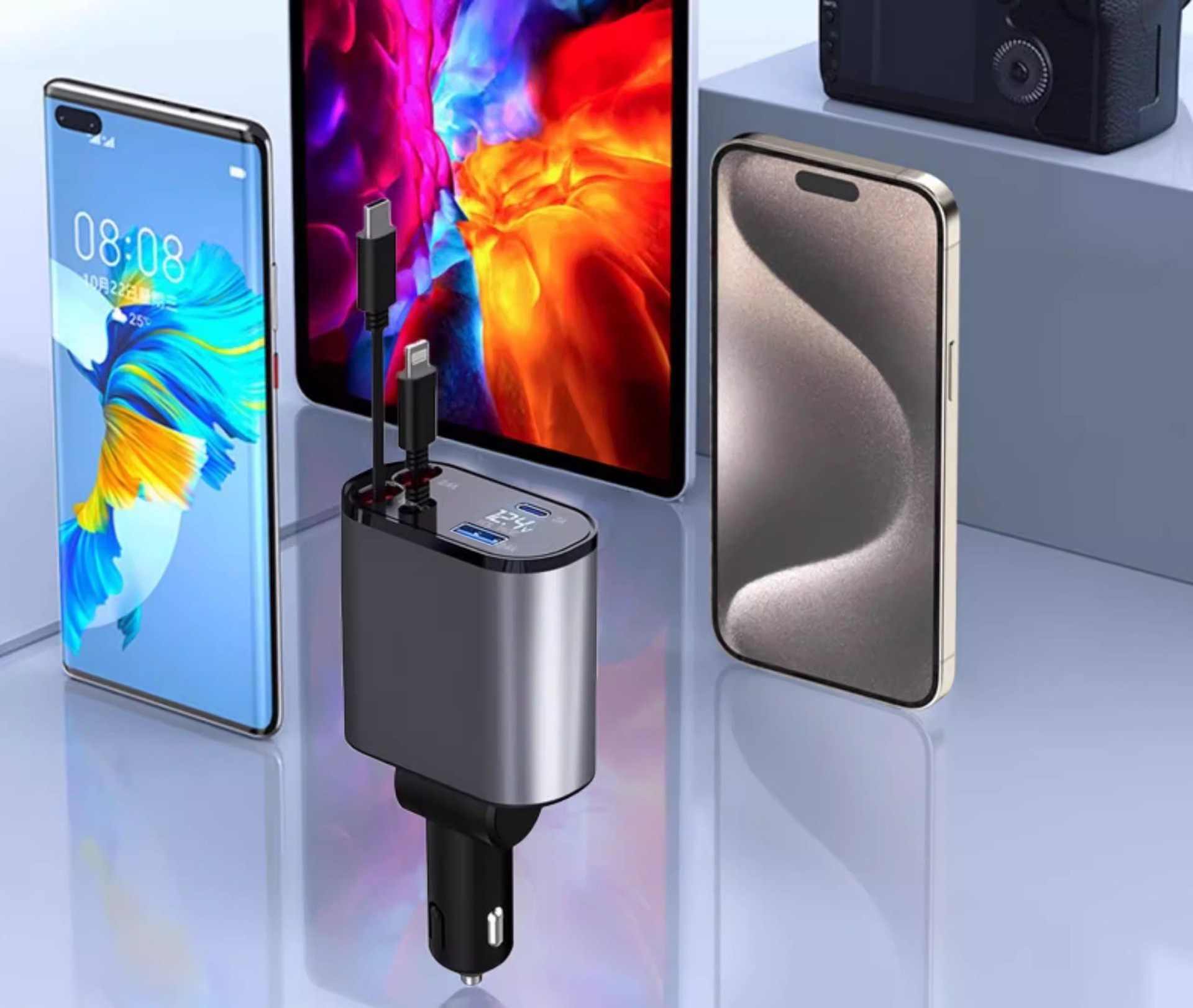 Cross-Border Hot-Selling 120W Car Charger, Super Fast Charging for Mobile Phones, Cigarette Lighter Adapter with Retractable Cable