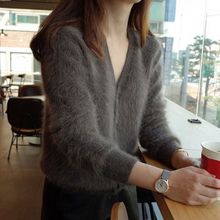 长毛貂绒仿水貂绒针织开衫春秋外套女新款加厚韩版领短款毛衣女