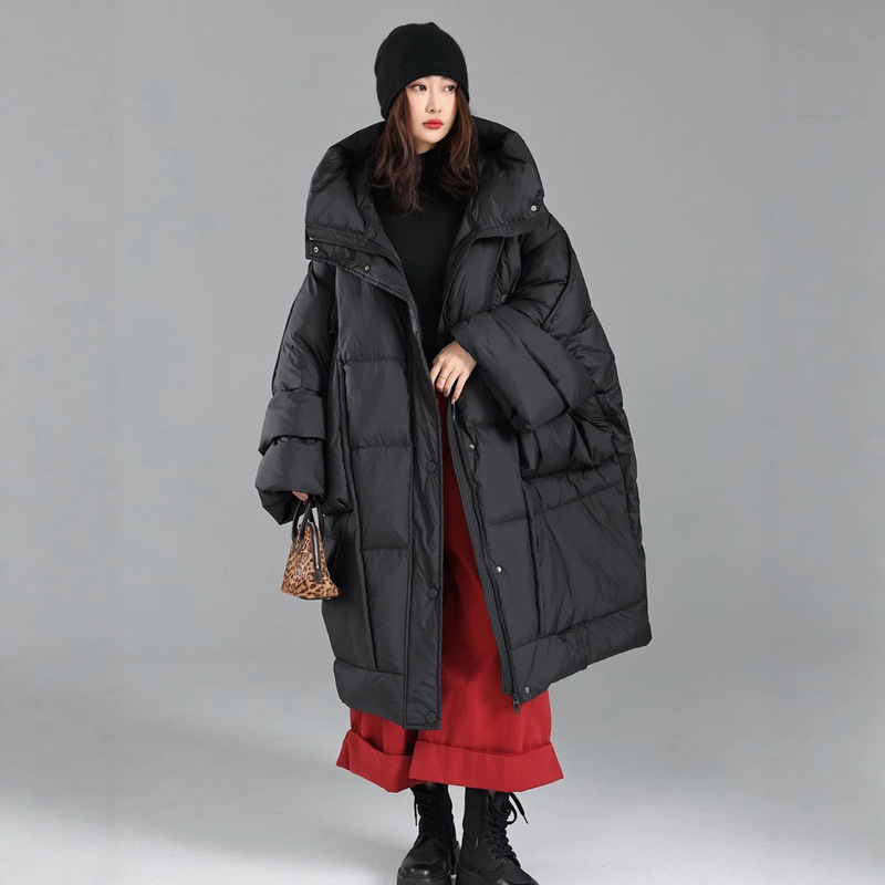 Vintage Oversized Casual Hooded Cape-Style Quilted down Jacket, Winter 26, White Duck Down, Thickened Warm Coat