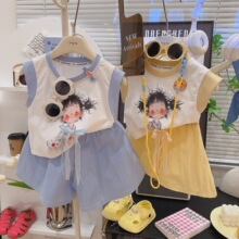 女童夏季多巴胺风小女孩印花拼色无袖T恤背心短裤洋气可爱两件套