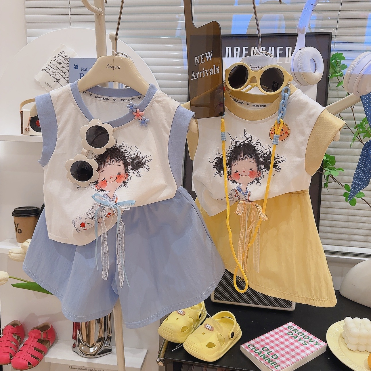 女童夏季多巴胺风小女孩印花拼色无袖T恤背心短裤洋气可爱两件套