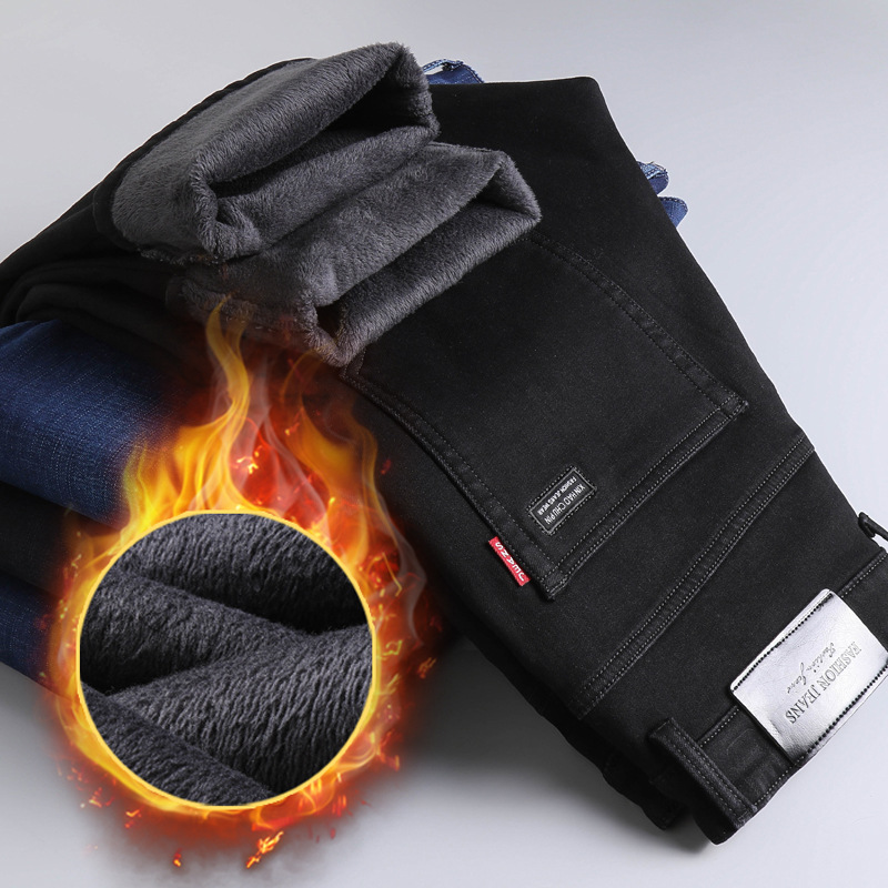 Jeans elasticizzati in peluche da uomo, pantaloni autunnali e invernali a gamba dritta allentata calda e spessa nera da uomo_voghion.com