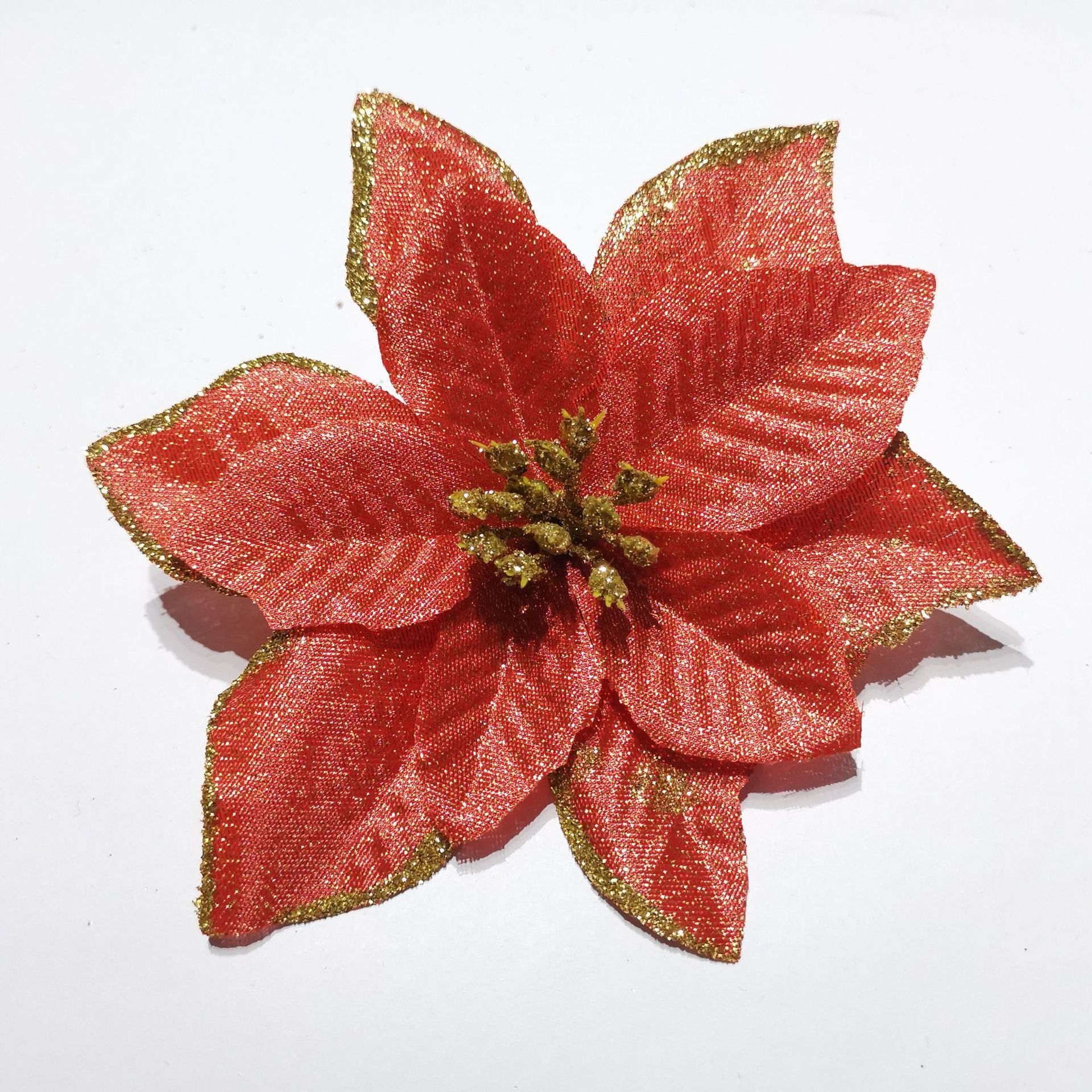 Ramos de flores artificiales transfronterizos, cabezas de flores de seda, decoraciones navideñas, flores de Navidad, flores con polvo dorado, flores artificiales navideñas con bordes dorados. image 8