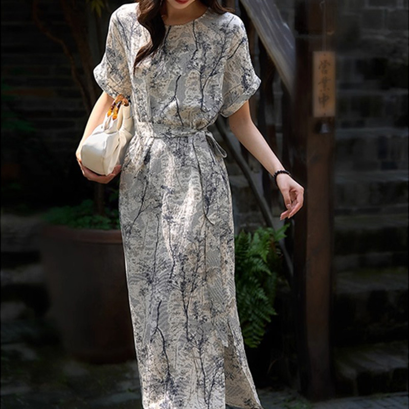 Morning Mist Blue National Style New Chinese Style Pearl Wrinkle Printed Silk Dress Mulberry Silk Women's Clothing 2026 Summer New Model