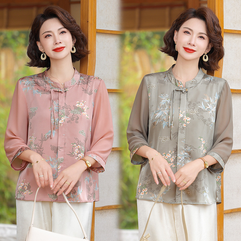 Early Autumn Stylish New Chinese-Style Printed Blouse for Middle-Aged and Elderly Women, Autumn Shirt with Three-Quarter Sleeves, New Model