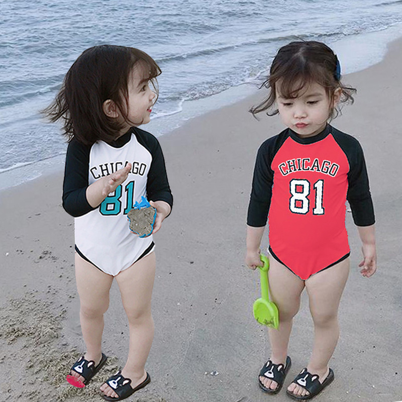 Children's Swimwear Girls' One-piece Long-sleeved Sunscreen Girls' Cute Swimwear Korean Children's 1-3 Years Old Baby Swimwear