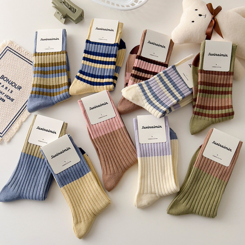 suxinaimin retro striped pile socks color block socks female Japanese college style cotton socks student stockings