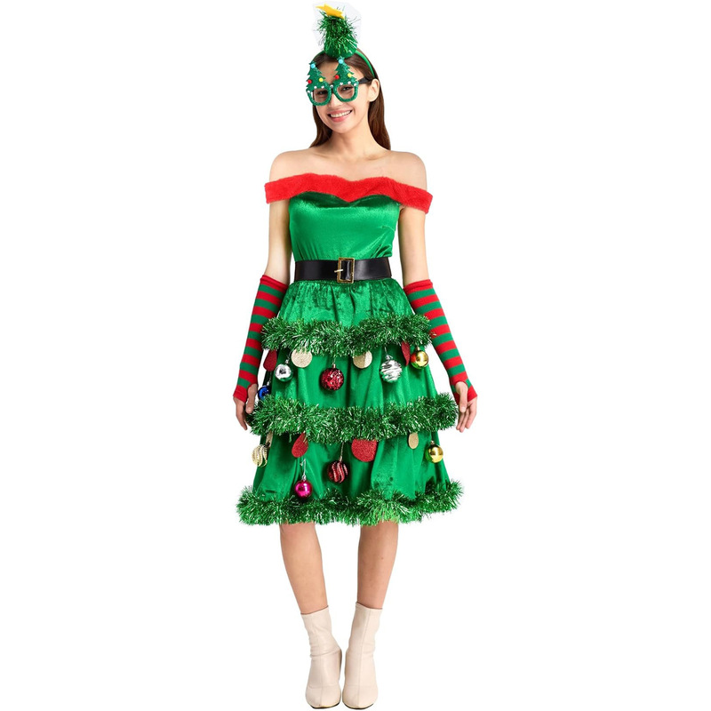 New Christmas Off-Shoulder Dress with Three-Dimensional Ribbons for Women, Christmas Party Stage Costume, Puffy Skirt