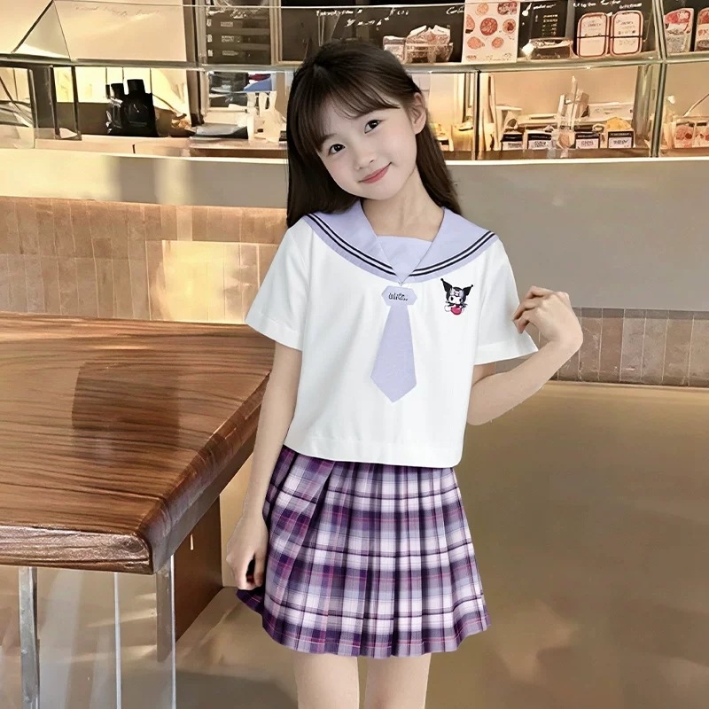 女童格子套装夏季新款时尚学院风百搭薄款透气短袖T恤半裙两件套
