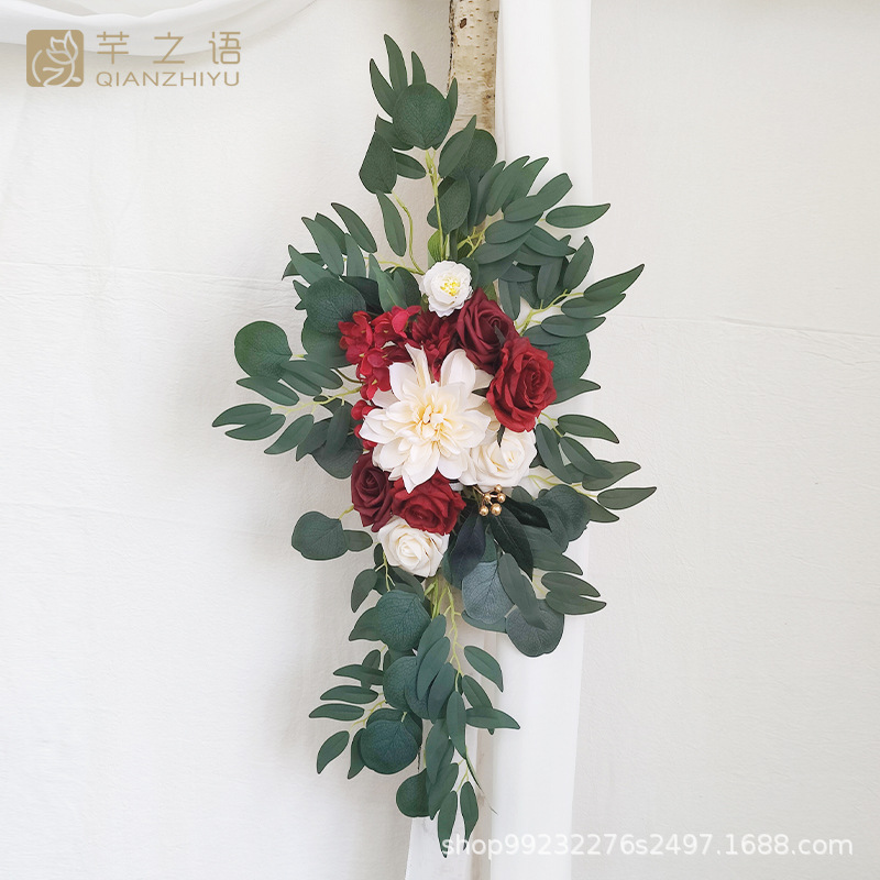 新款亚马逊手工制作拱门花门楣花婚礼仪式背景装饰玫瑰红色套装