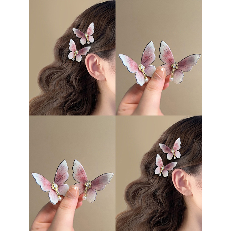 Horquilla de diamantes con incrustaciones de perlas de mariposa Clip de pico de pato lateral simple coreano de alta calidad, fresco y versátil, horquilla, accesorios para el cabello al por mayor