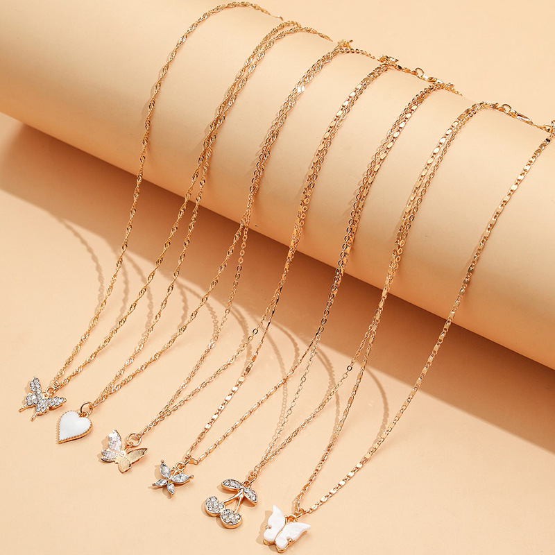Cross-border Sold Jewelry Fashion Simple Love Butterfly Cherry Full Diamond Fashion Combination Necklace Six-piece Set display picture 5