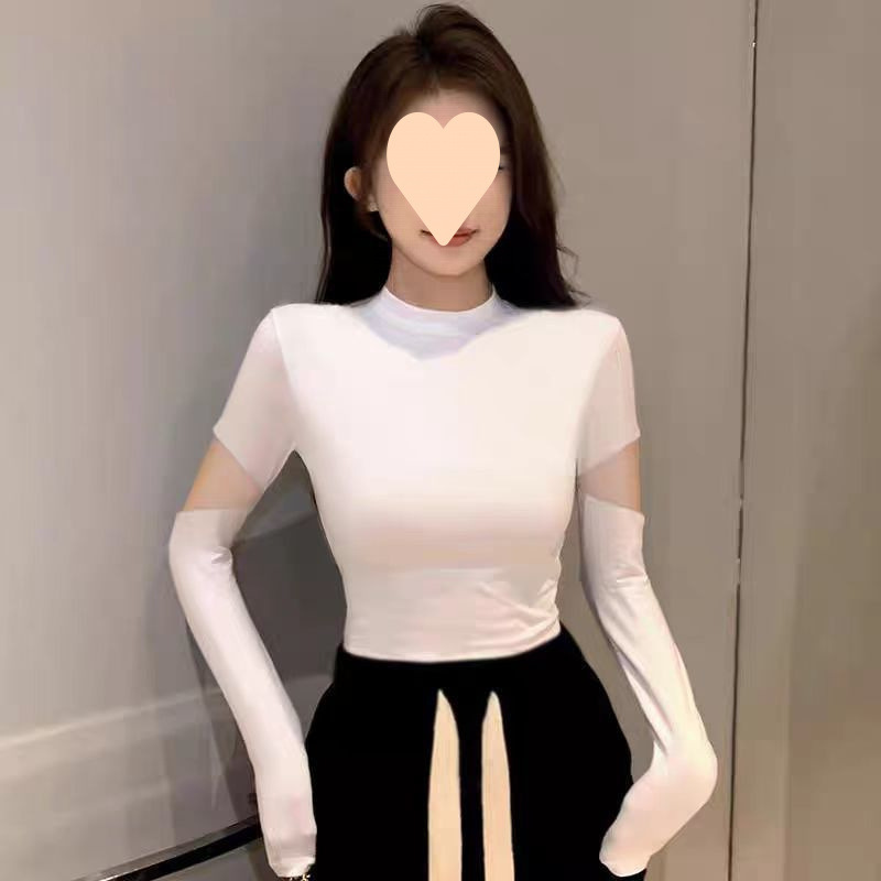 螺纹黑色半高领打底衫女春秋内搭设计感长袖恤大码修身露肘上衣|undefined