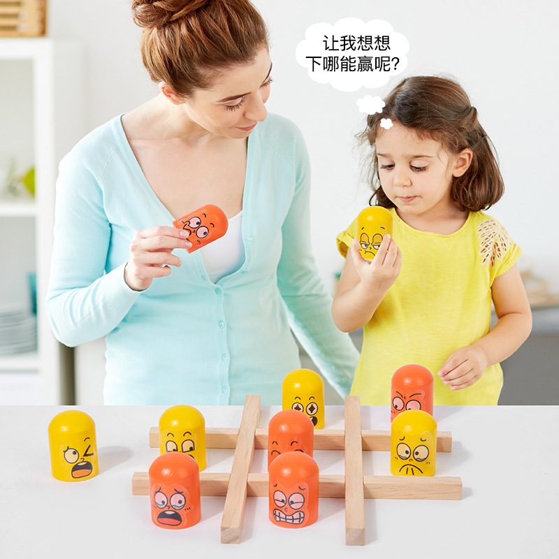 Niños transfronterizos pegatinas emoticon creativas de madera tic-tac - toe juegos de pensamiento interactivos y divertidos
