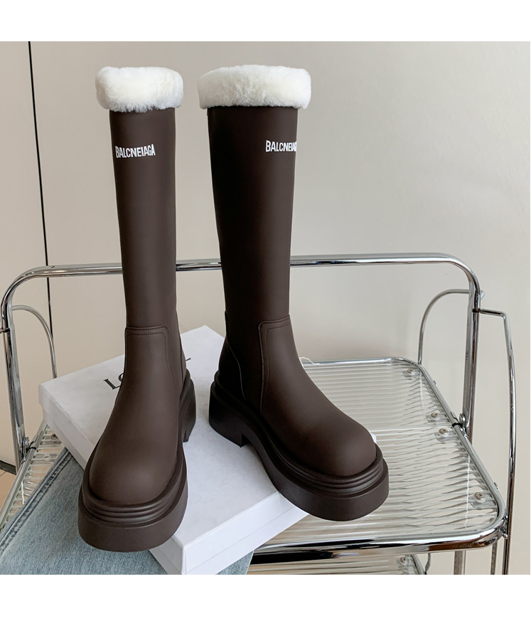 Boot nữ cổ cao lót nhung đế dày da bò giữ ấm mùa đông — Màu nâu ống lớn chi tiết 34