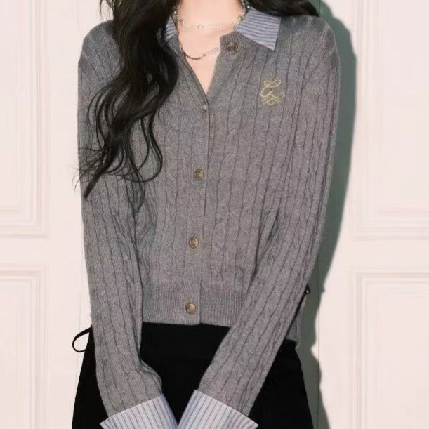 College Style Gray Fake Two-Piece Knitted Cardigan Women's New Striped Patchwork Sweater Jacket