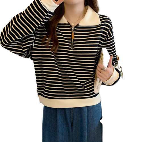 Women's Loose Pullover Hooded Sweatshirt with Half Zip Long Sleeve, Fall American Striped Style