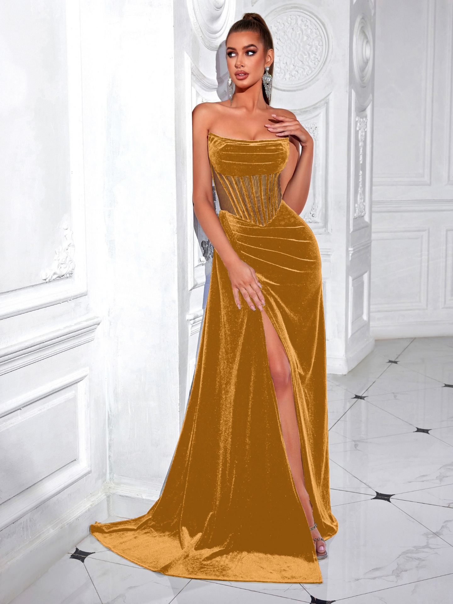 Nuevo vestido de terciopelo coreano transfronterizo sexy de hueso de pez, vestido de fiesta de pecho, vestido largo de alta gama al por mayor