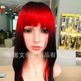 跨境新品湄拉红色渐变齐刘海长卷发欧美风佩戴自然蓬松全头型假发