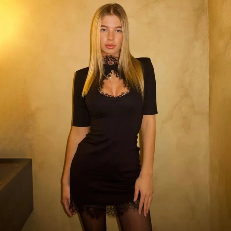 Women's Sexy Hollow Out Lace Panel High Waist Short Sleeve Bodycon Mini Dress – Summer Party Gown_ecoleips.com
