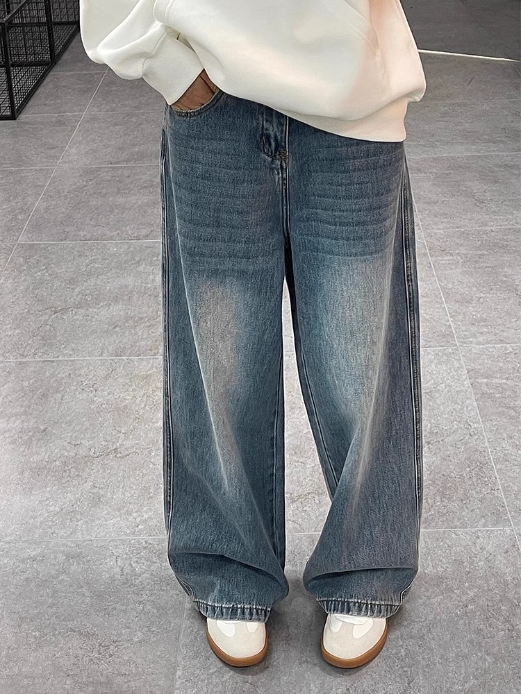 アメリカンワイド脚ゆるいジーンズ男春秋高街レトロ水洗いストレートパンツ男子スラックス感モップ
