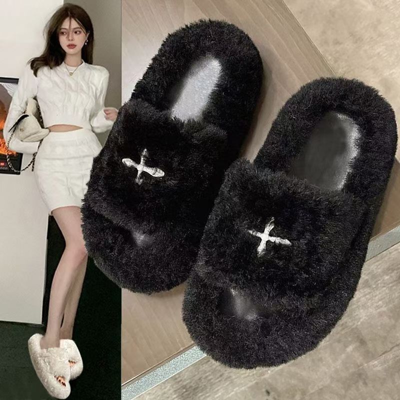 Furry Slippers for Women to Wear Outside in Spring and Autum New Internet Celebrity Super Popular Ins Trendy Summer Thick Non-Slip Warm Cotton Slippers for Women