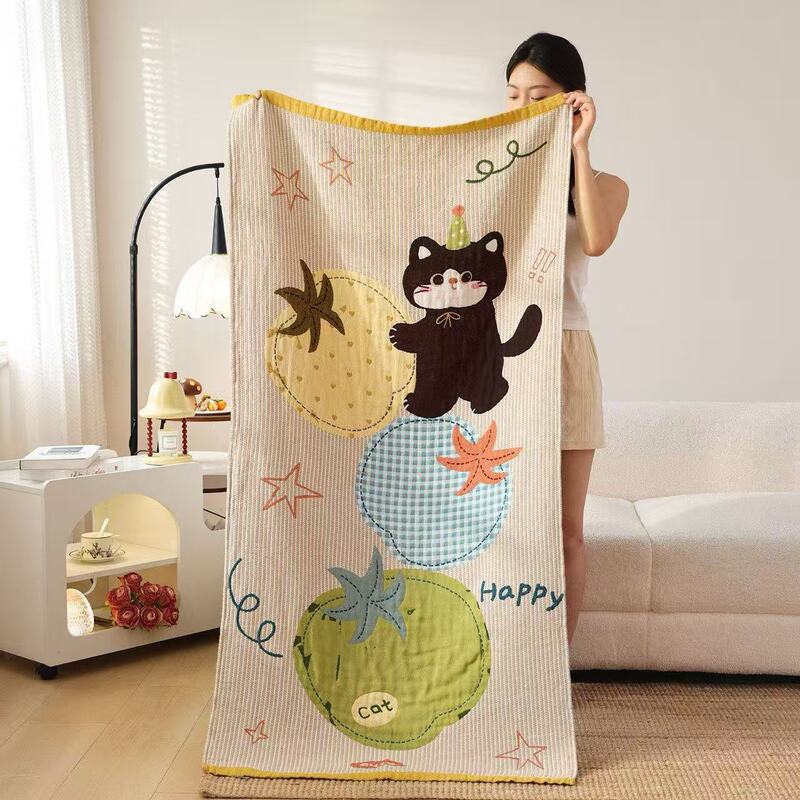 Pure cotton large bath towel, Class A, suitable for mothers and babies, pure cotton gauze bath towel with cartoon embroidery, ultra-soft, machine washable Pure cotton large bath towel, Class A, suitable for mothers and babies, pure cotton gauze bath towel with cartoon embroidery, ultra-soft, machine washable
