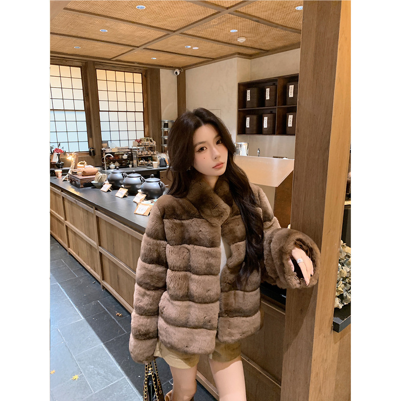 Totoro Pattern Whole Leather Rex Rabbit Fur Coat for Women, Short Style with Stand Collar, Warm Fur Coat, New Winter Model