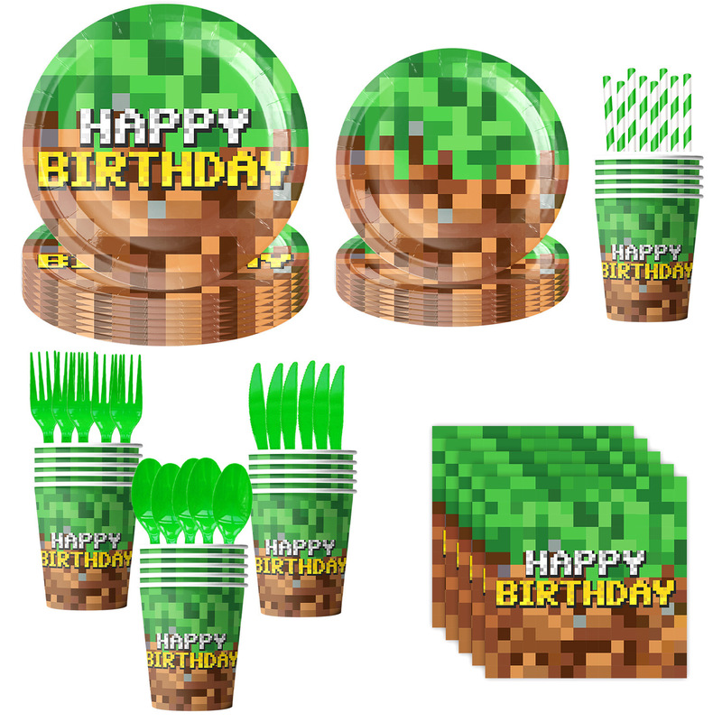 新しいピクセル Minecraft テーマの誕生日パーティー紙コップと紙皿の組み合わせ雰囲気アレンジメントパーティー休日用品|undefined