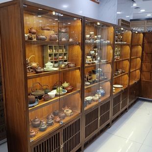 Glass Door Wine Cabinet Against the Wall Liquor Cabinet Combination Living Room Glass Cabinet Teapot Display Cabinet Elm New Chinese Tea Tea