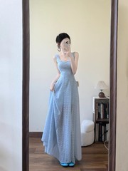 ブルーレースベストサスペンダードレス女性の夏フレンチスタイル海辺リゾートスタイルデザインウエストロングスカート