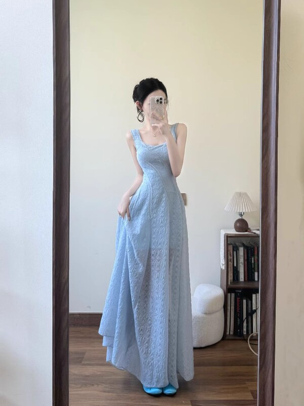 Blue Lace Vest Suspender Dress for Women Summer French Style Seaside Resort Style Design Waist Long Skirt