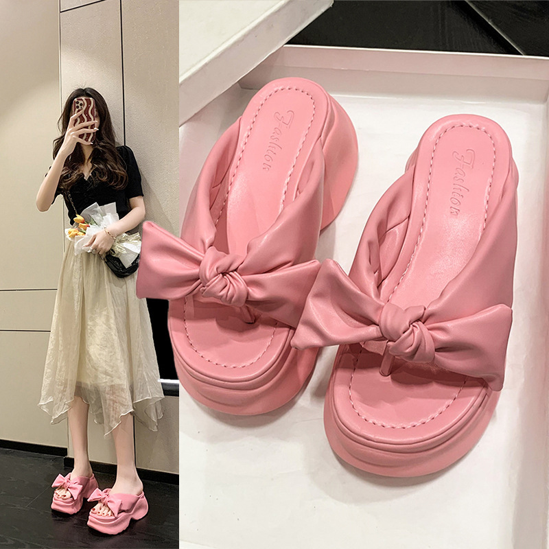 Flip-flops Women's Outer Wear Thick-soled High-heeled Summer Flip-flops Bow Seaside Beach Shoes Shoe Sandals and Slippers