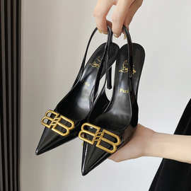 2026春夏新款尖头后空细跟金属黑色高级感一脚蹬性感百搭高跟鞋