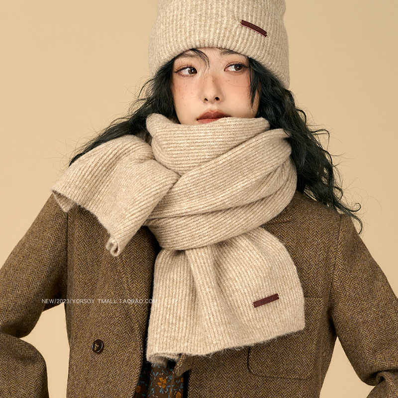 Solid color winter retro khaki knitted keep warm scarf