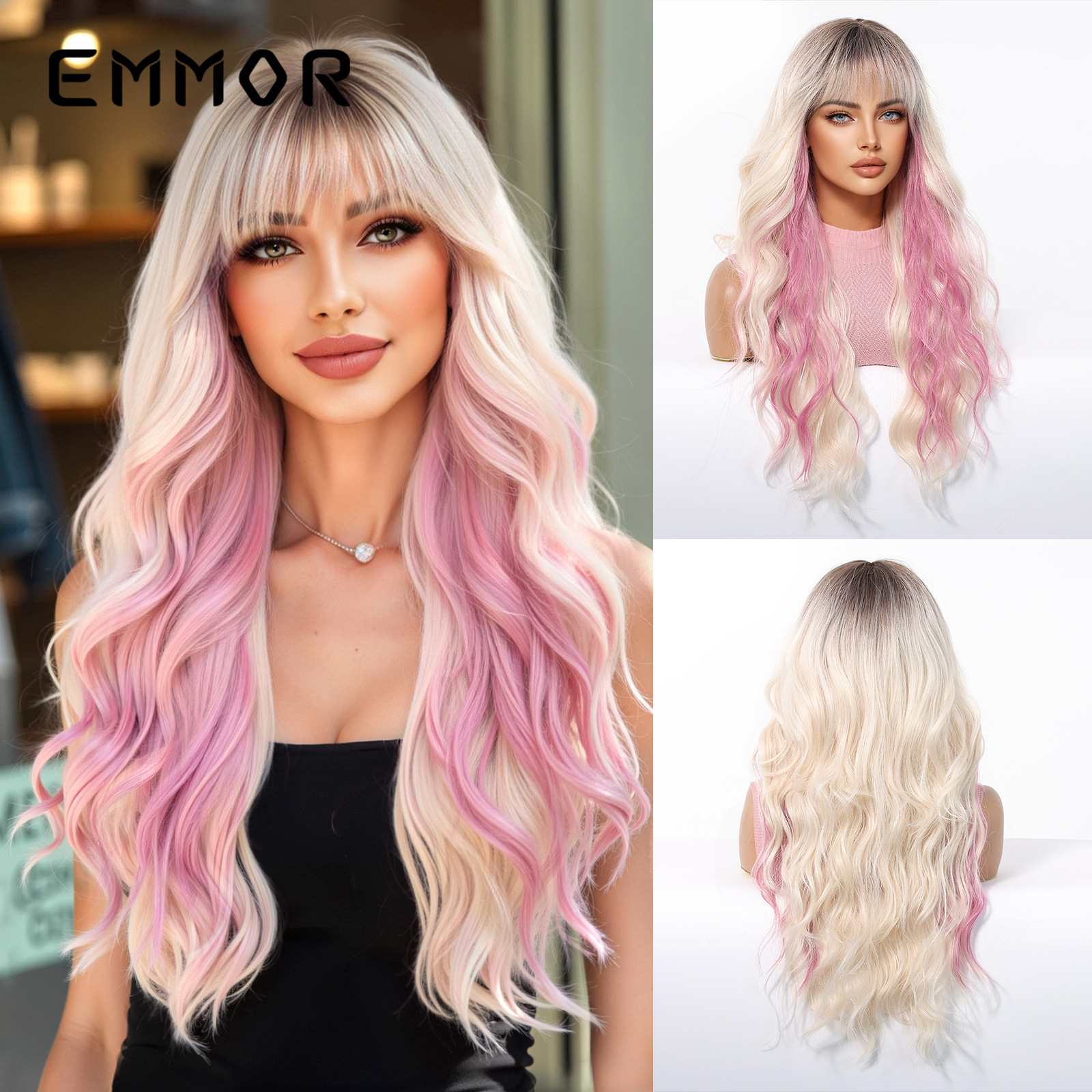 Celebridades de Internet en color dopamina, flequillo europeo y americano, ondas grandes, cabello largo y rizado, peluca de venta caliente transfronteriza, tipo de cabello completo