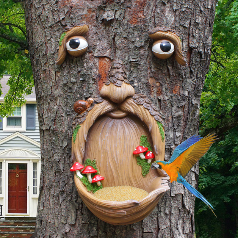 跨境新品户外蘑菇树脸喂鸟器庭院装饰品创意园林树木树挂喂鸟器现